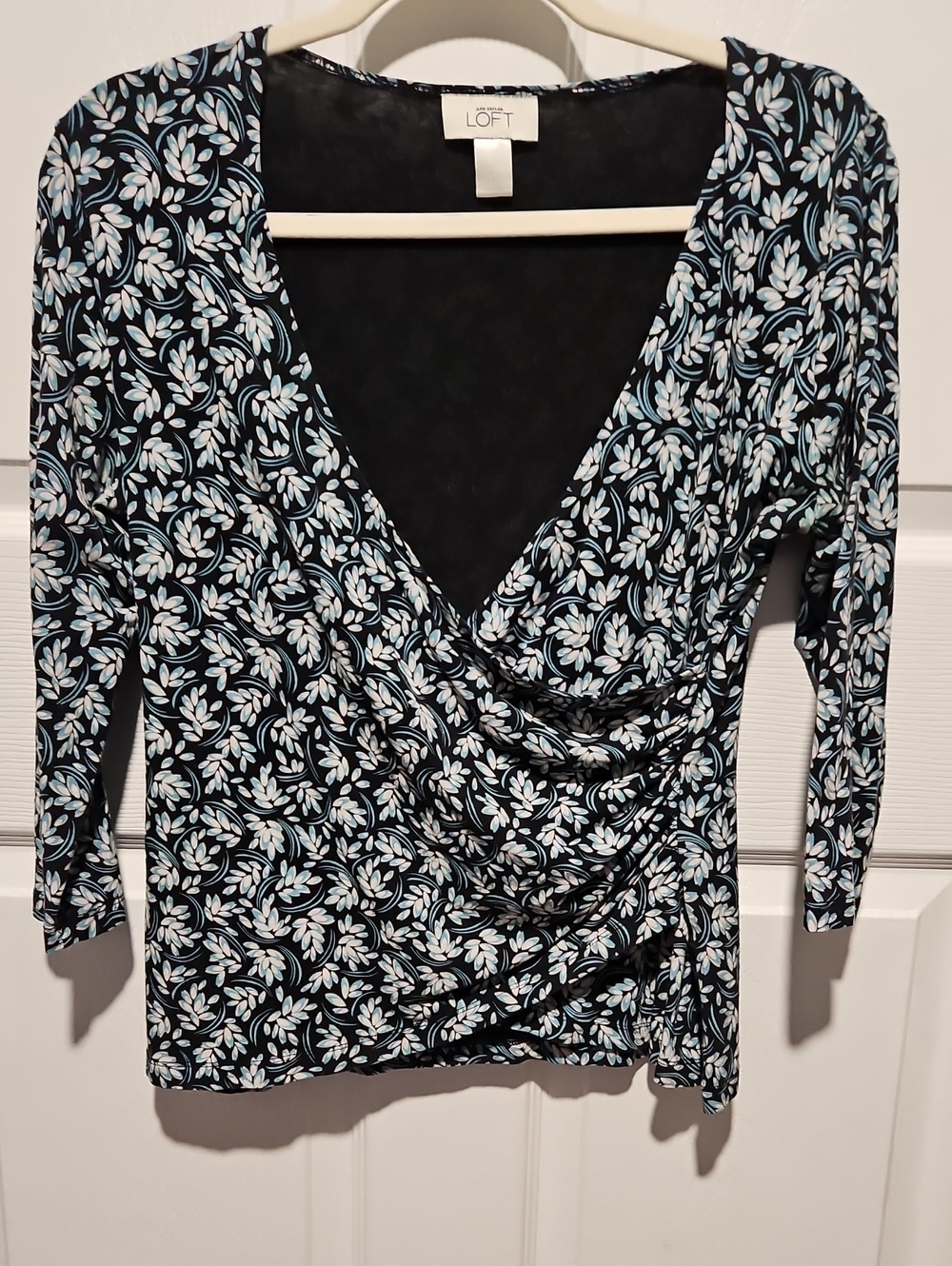 Ann Taylor Black Floral Wrap-Style Blouse with Light Blue & White Print